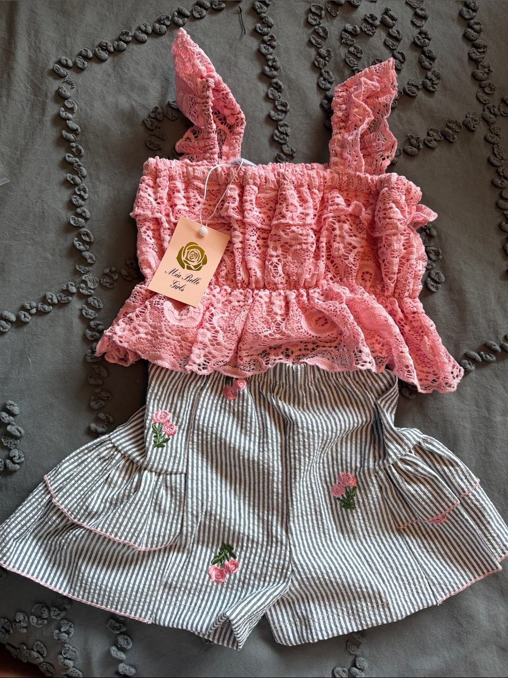 Miss Belle Girls Pink Lace Tank with Striped Floral Shorts Set